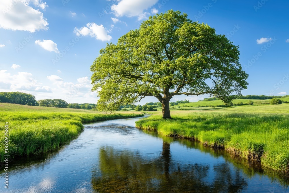 A serene landscape featuring a lush green tree beside a calm river, under a bright blue sky with scattered clouds. A serene landscape featuring a lush green tree beside a calm river, under a bright blue sky with scattered clouds.