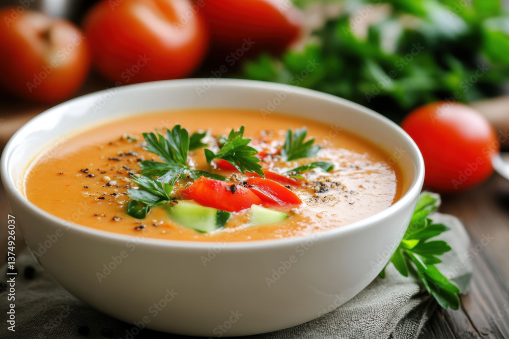 Tomato soup garnished with parsley, pepper and cucumber slices in bowl Tomato soup garnished with parsley, pepper and cucumber slices in bowl