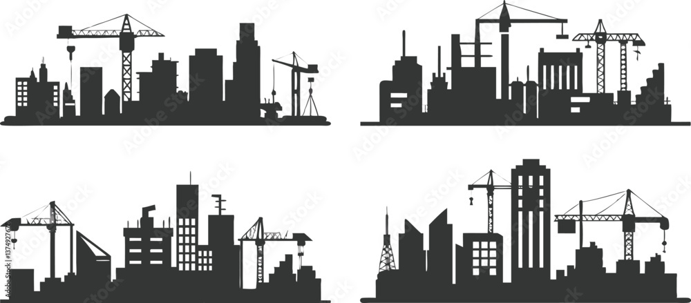 A black vector silhouette of a USA city skyline with skyscrapers and towers A black vector silhouette of a USA city skyline with skyscrapers and towers