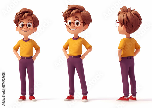 Wallpaper Mural Cheerful Cartoon Boy With Glasses In T Shirt and Trousers Posing in Front Side and Profile View Isolated on White Background Torontodigital.ca