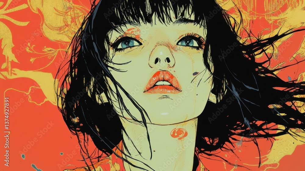 Windswept Beauty: An Abstract Portrait of a Woman with Black Hair Against a Vivid Orange and Yellow Background Windswept Beauty: An Abstract Portrait of a Woman with Black Hair Against a Vivid Orange and Yellow Background