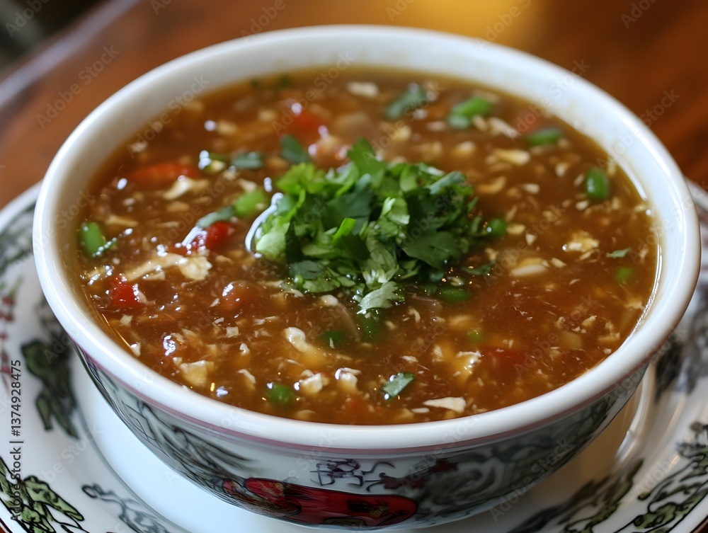 A delicious bowl of hot and sour soup garnished with fresh cilantro sits on a patterned saucer. A delicious bowl of hot and sour soup garnished with fresh cilantro sits on a patterned saucer.
