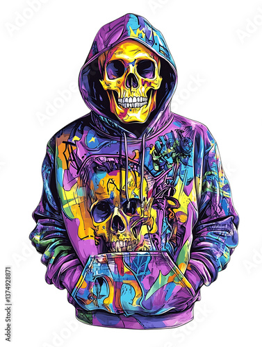 Skull wearing a hoodie with graffiti patterns, urban street art illustration with bold colors and rebellious modern vibe