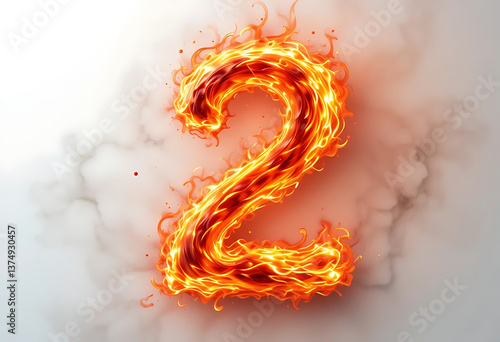 Flaming number 2 icon with glowing orange and yellow flames on a neutral light gray background symbolizes energy, dynamism, and creativity. Ideal for branding, promotional, and artistic projects.
