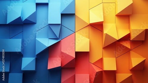 Abstract Geometric Composition: Vibrant Blue, Orange, and Red Polygonal Wall