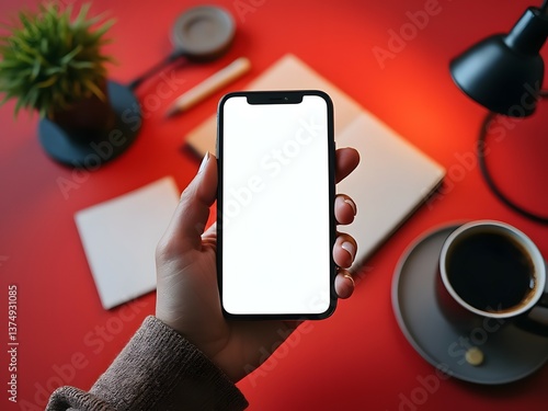 Close-up hand holding smartphone, white screen, red desk with coffee, notebook, plant and lamp, cozy office, mobile phone mockup, productivity scene