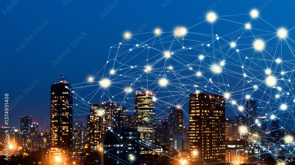 Fototapeta premium Modern City Skyline at Night with Digital Connections Representing Upskilling and IoT Implementation