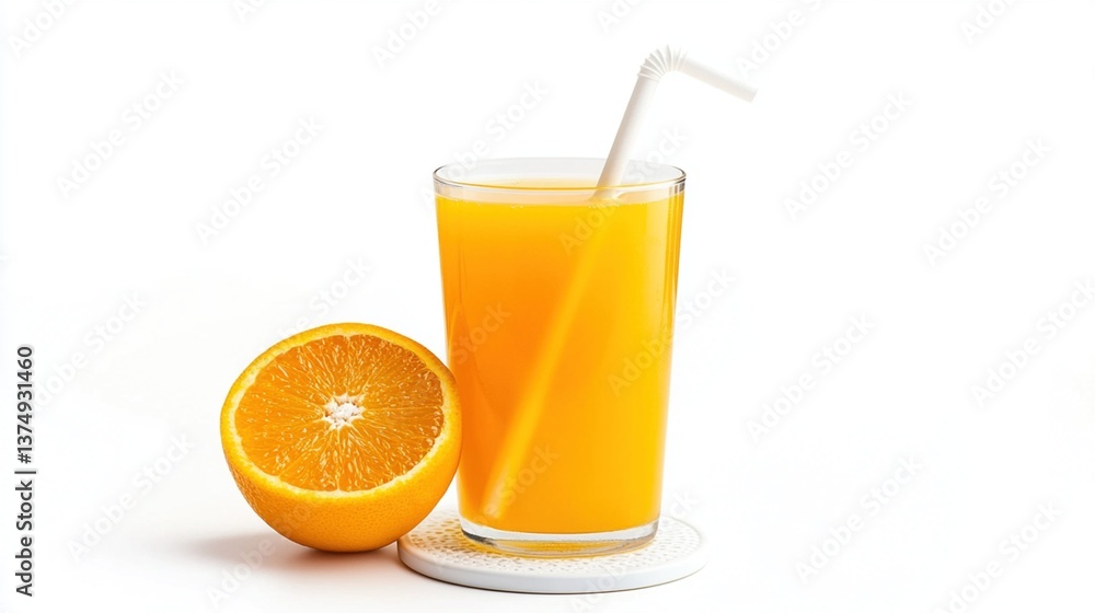 Fresh orange juice in a glass with a straw Fresh orange juice in a glass with a straw