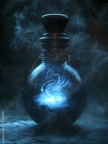 Glowing Blue Magic Potion inside a Glass Bottle Surrounded by Smoke with Dark Background Mysterious Science Experiment Concept