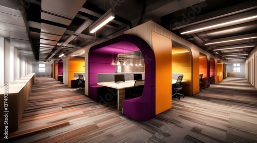 Fototapeta Naklejka Na Ścianę i Meble -  A vibrant, modern office space featuring colorful cubicles designed for collaboration and productivity, ideal for depicting contemporary work environments or discussing workspace innovation,