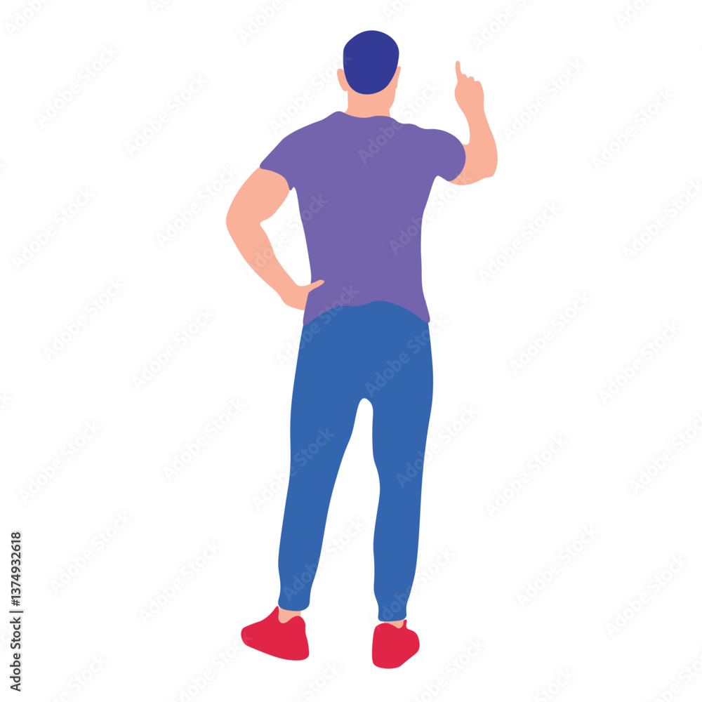 Man pointing upward, back view, casual attire Man pointing upward, back view, casual attire