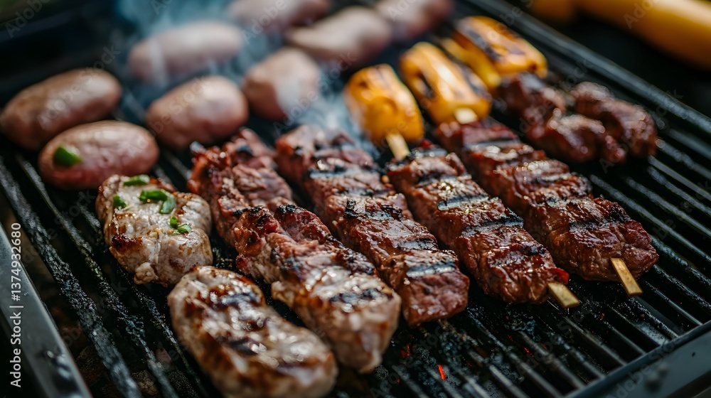 Delicious grilled meats and vegetables sizzling on a hot barbecue grill outdoors perfect for summer cookout. Delicious grilled meats and vegetables sizzling on a hot barbecue grill outdoors perfect for summer cookout.