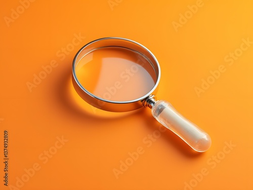 Magnifying glass with clear handle on orange background, search icon, exploring content