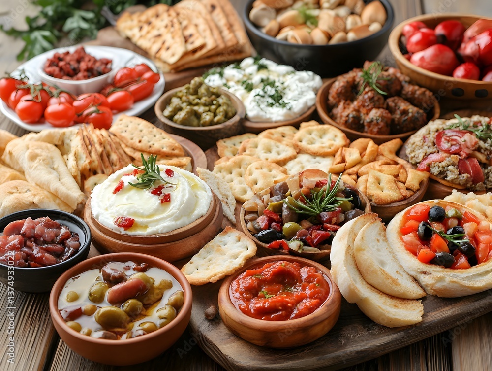 A lavish Mediterranean appetizer spread features an array of dips, olives, breads, and roasted vegetables arranged on a rustic wooden board for a A lavish Mediterranean appetizer spread features an array of dips, olives, breads, and roasted vegetables arranged on a rustic wooden board for a