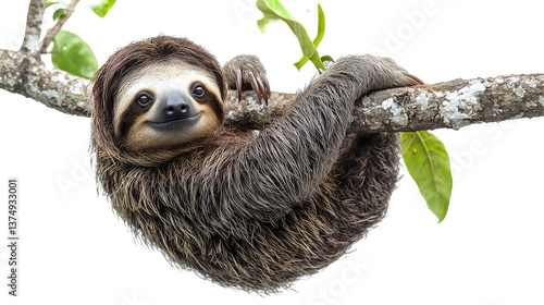 Adorable sloth hanging on a tree branch in the jungle isolated on transparent background png