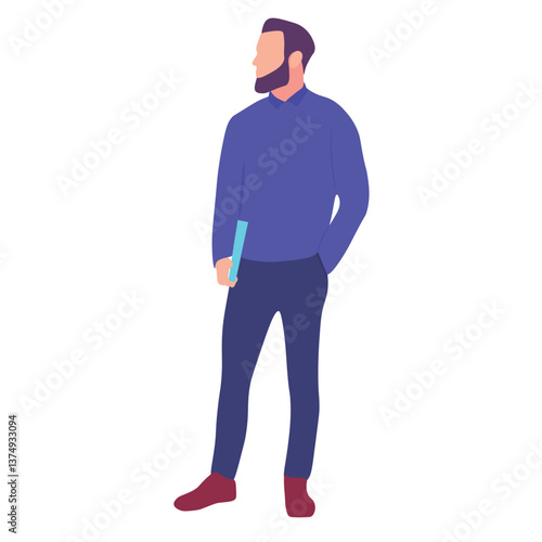 Man standing, looking off to the side, holding a light-colored item