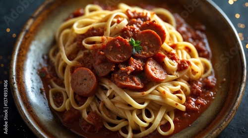 Delicious Linguine with Sausage and Tomato Sauce Close Up Shot