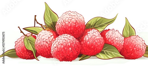 White background with drawings of colorful lychee for children, ai generative