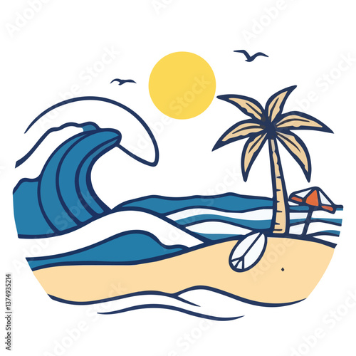 Beach Scene with Waves and Palm Tree A vibrant beach scene depicting waves, a palm tree, and a sunny sky, ideal for travel or leisure promotions.