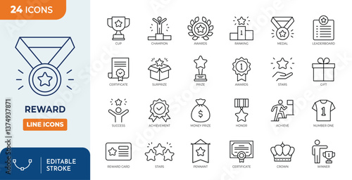 Reward line editable icon set. Containing award, prize, medal, gift, trophy, badge, achievement, certificate and more. Vector illustration