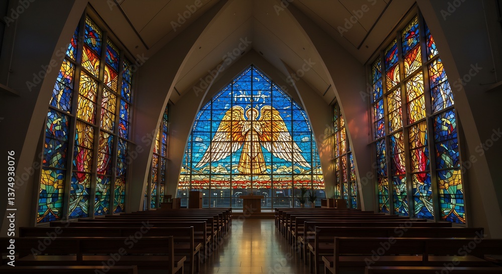 Obraz premium Contemporary Church Interior with Stunning Stained Glass Windows Depicting Angels and Religious Symbols