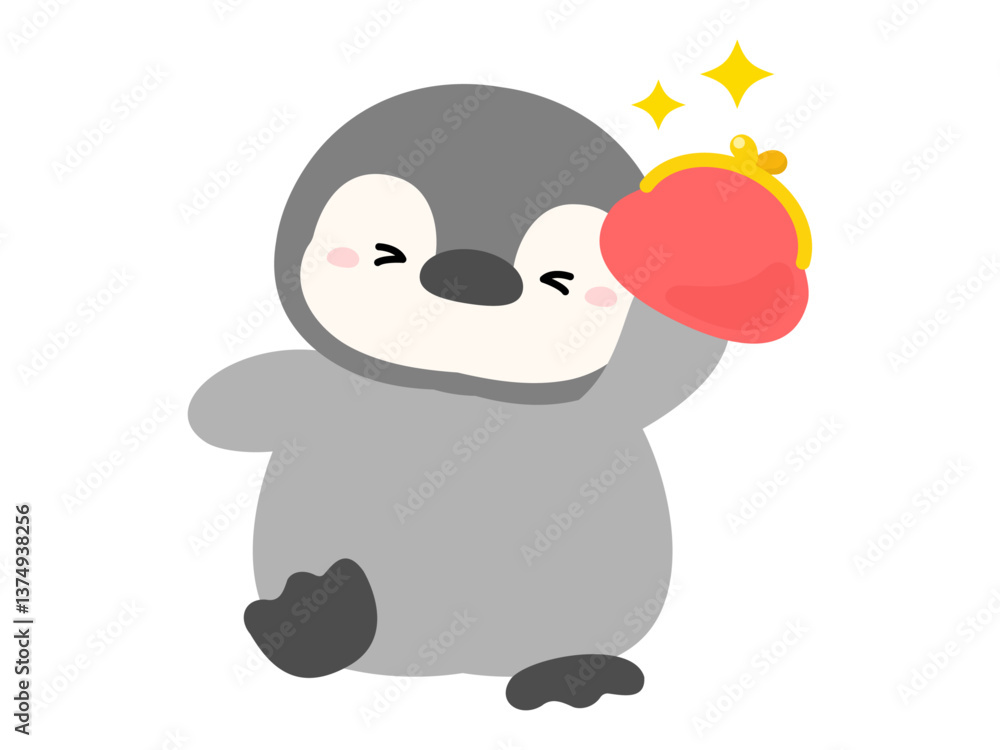 Obraz premium お金の増えるイメージ、財布とペンギンのベクターイラスト