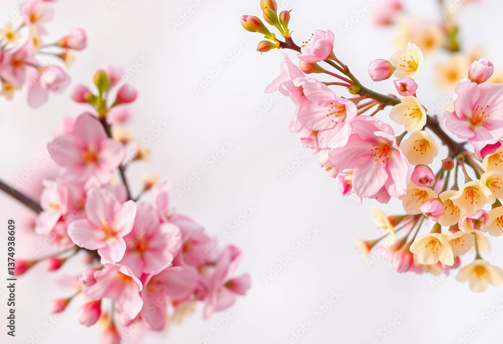 Soft pastel pink and yellow cherry and rape blossoms in a delicate spring frame, picture, pastel Soft pastel pink and yellow cherry and rape blossoms in a delicate spring frame, picture, pastel