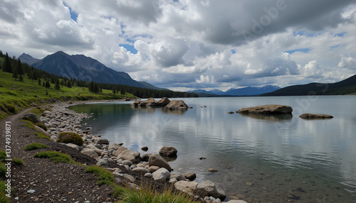 Wallpaper Mural Serene lake landscape reflecting mountains and clouds   Torontodigital.ca