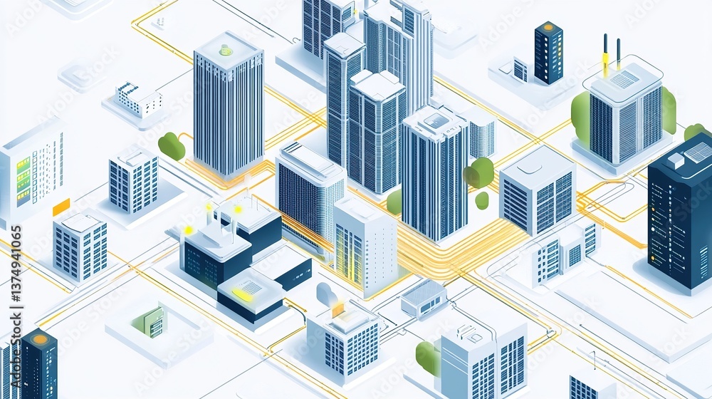Isometric view of cityscape with modern skyscrapers and digital network connections illustration isolated on white background Isometric view of cityscape with modern skyscrapers and digital network connections illustration isolated on white background