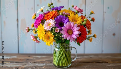 Wallpaper Mural Color Burst in a Jar A colorful explosion of various flowers arranged in a mason jar, with vivid colors and textures popping against a rustic wooden table. Torontodigital.ca