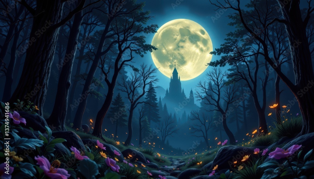 Fototapeta premium Mystical Night Forest A dense forest at night illuminated by a full moon, with mystical glowing creatures and fireflies dancing among the trees.