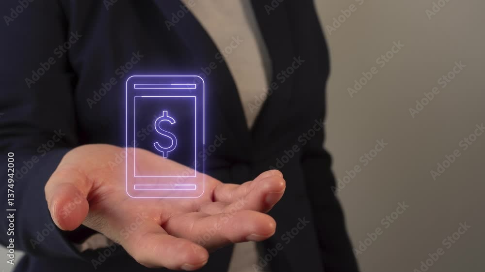 Businesswoman's hand holding a virtual cell phone icon with money sign Businesswoman's hand holding a virtual cell phone icon with money sign