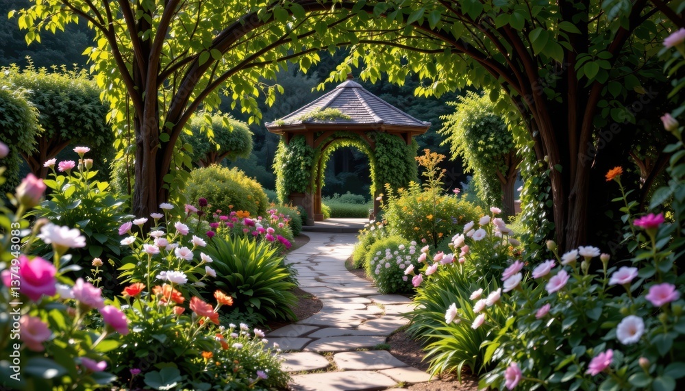 Secret Garden Pathway An enchanting hidden garden with a winding pathway lined by flowering plants, leading to a cozy gazebo draped in vines. Secret Garden Pathway An enchanting hidden garden with a winding pathway lined by flowering plants, leading to a cozy gazebo draped in vines.