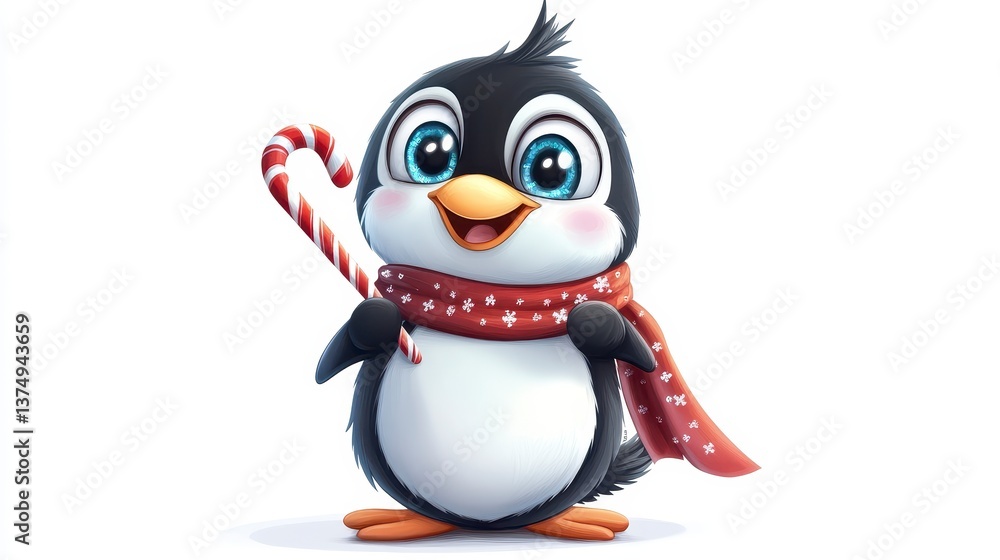 Obraz premium Cheerful Cartoon Penguin Holding Candy Cane