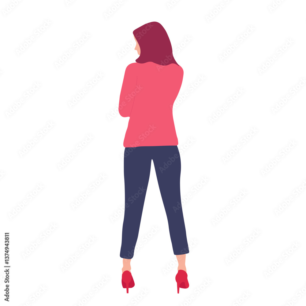 Rear view of a woman in a pink blazer and dark pants Rear view of a woman in a pink blazer and dark pants