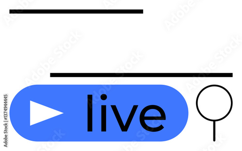 Blue play button labeled live next to a search icon with horizontal lines. Ideal for streaming, broadcasting, searching, online platforms, digital media, user interface, flat design metaphor