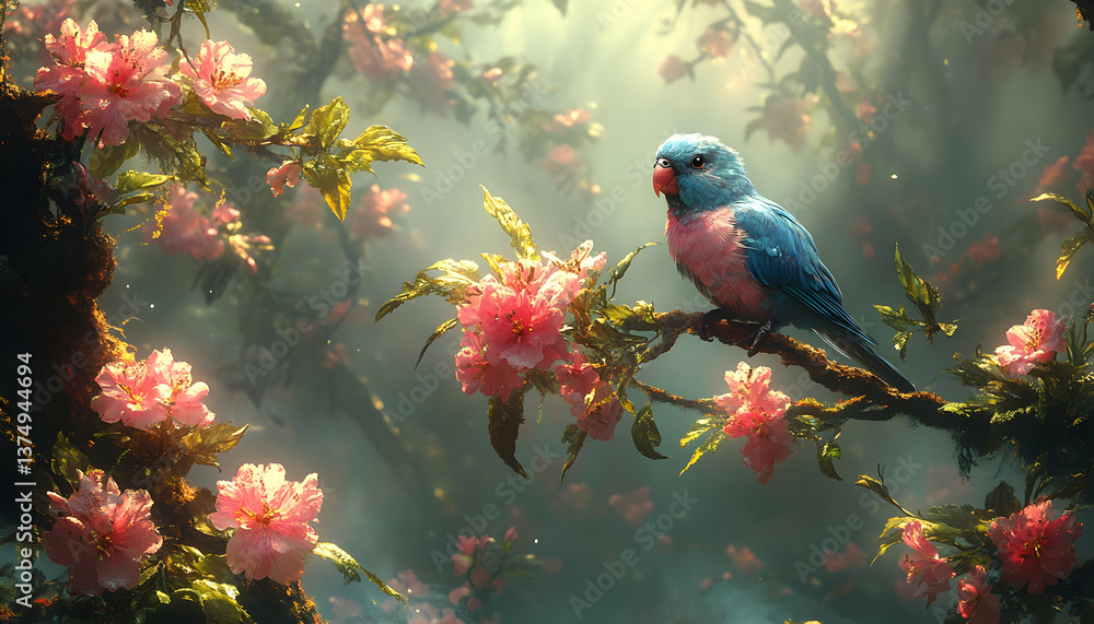 Fototapeta premium Pixelated Bird on Flowering Branch in Shimmering Sunlight With Pixel Art Style and Pink Blossoms
