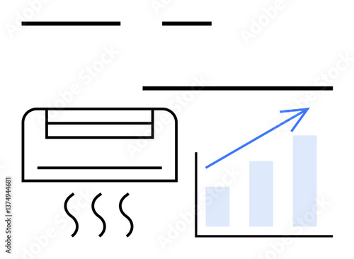 Air conditioner emitting cooling waves beside a bar graph with an upward arrow. Ideal for energy management, climate control, cost analysis, performance improvement, sustainability, technology