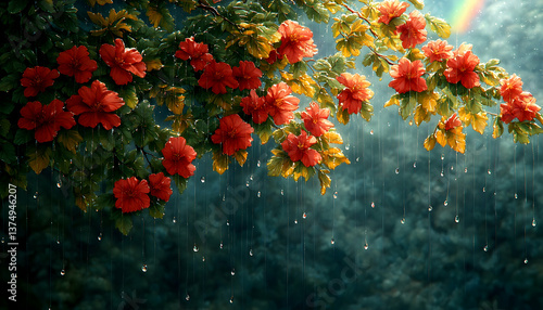 Red Hibiscus Flowers in Full Bloom with Rain Fall and Rainbow on a Lush Green Background and Soft Lighting