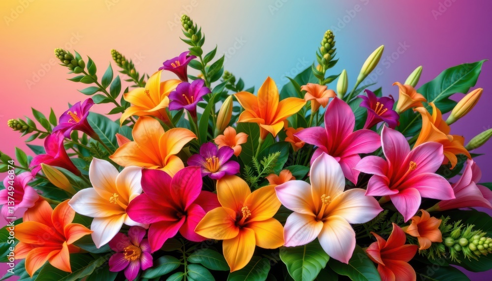 Fototapeta premium Tropical Flower Explosion A lush arrangement of tropical flowers in bright, vivid colors, set against a gradient background that enhances their vibrancy.