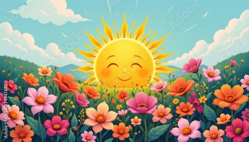 Floral Sun A sunny illustration where the sun is surrounded by blooming flowers, with rays formed by petals radiating outwards in a burst of color.