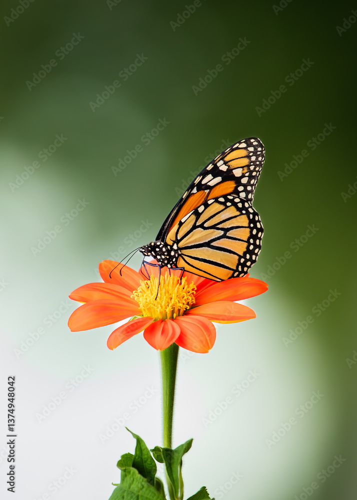 Obraz premium Monarch Butterfly sipping nectar from a beautiful Tithonia Mexican Sunflower in the middle of the summer.