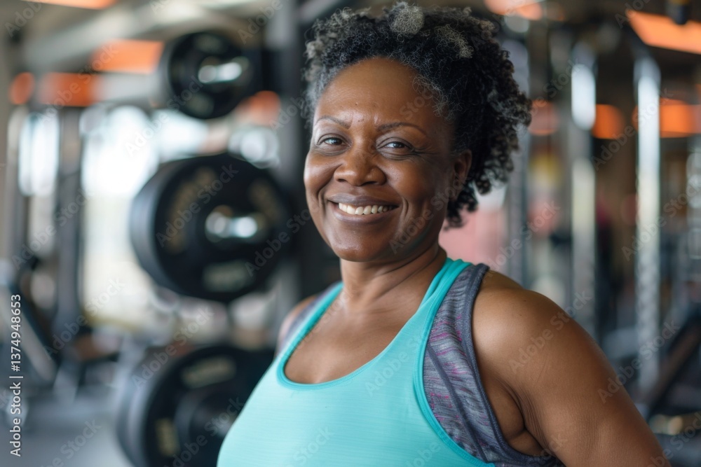 Smiling portrait of a middle aged slightly overweight African American woman in a gym in sports clothes Smiling portrait of a middle aged slightly overweight African American woman in a gym in sports clothes