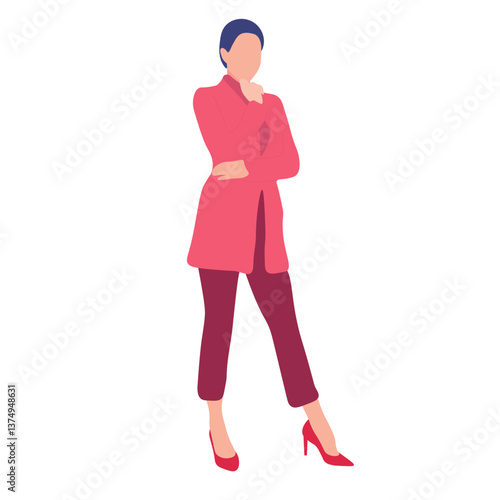 Stylish woman in a pink coat and maroon pants