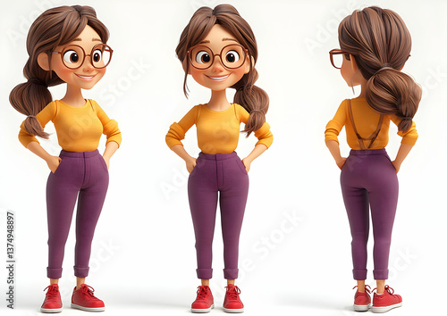 Wallpaper Mural Three Views of Cartoon Young Woman in Orange Top and Purple Pants on White Background Digital Illustration Torontodigital.ca