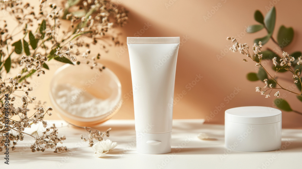 Minimalist Beauty Product Display with Natural Elements and Soft Light Minimalist Beauty Product Display with Natural Elements and Soft Light