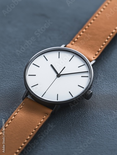 Wallpaper Mural Close-up of a wristwatch with a round face and a brown leather strap. the watch has a black case and a white dial with black hour markers. Torontodigital.ca