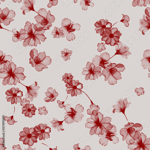 Floral seamless pattern features translucent red flowers on a light brown background. The flowers have a painterly, slightly abstract quality