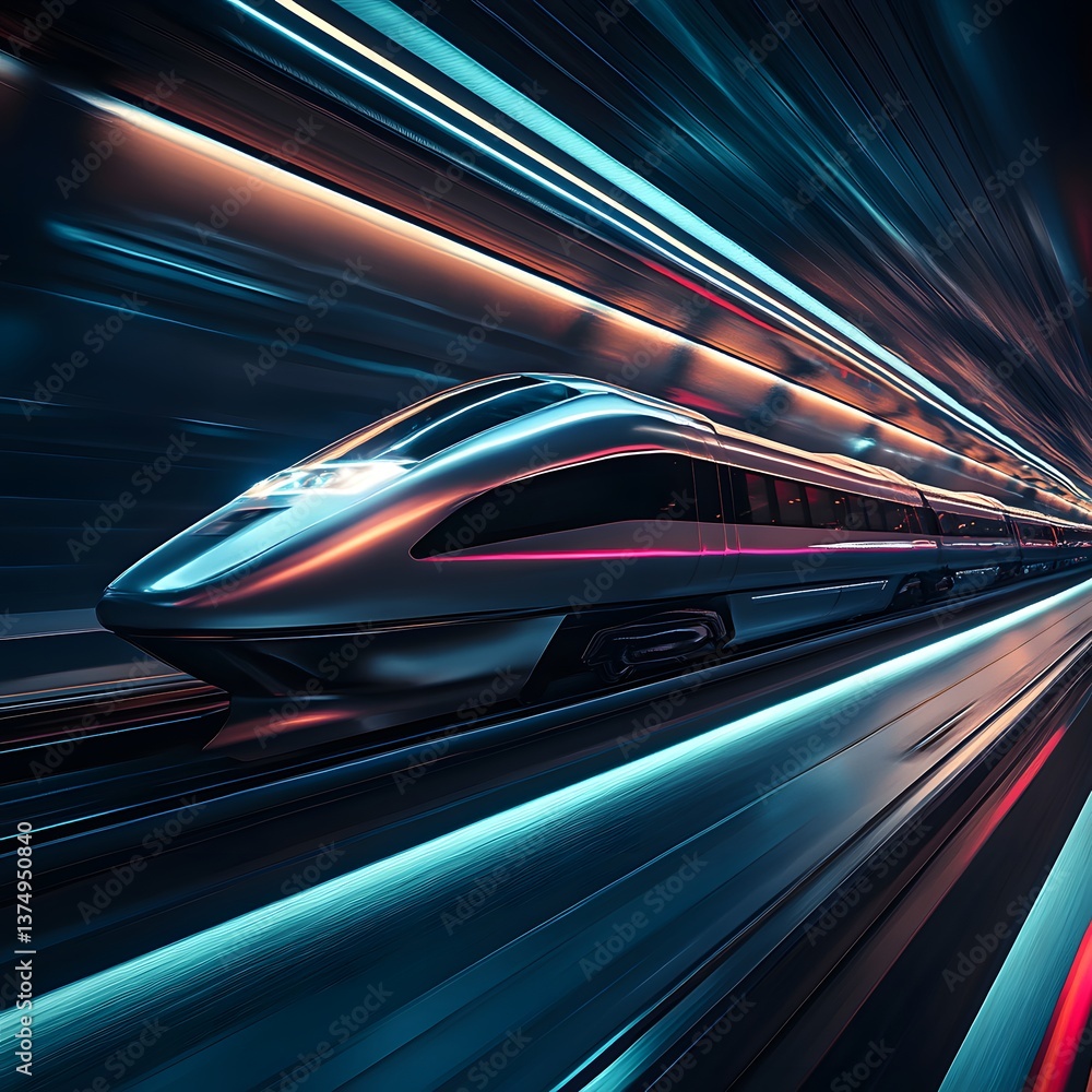 Fototapeta premium Futuristic train speeds through neon tunnel