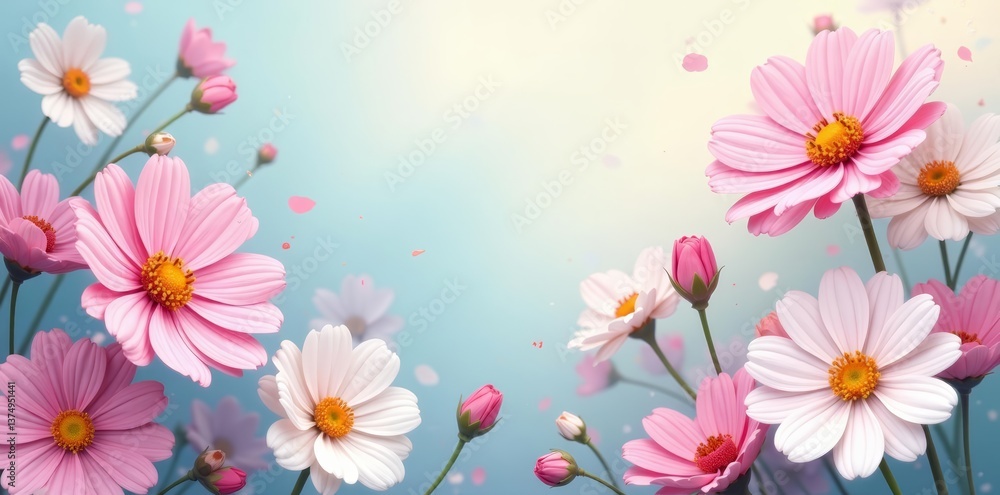 A dreamy pastel cosmos flowers pattern perfect for spring or summer designs, cosmos flowers, pattern A dreamy pastel cosmos flowers pattern perfect for spring or summer designs, cosmos flowers, pattern